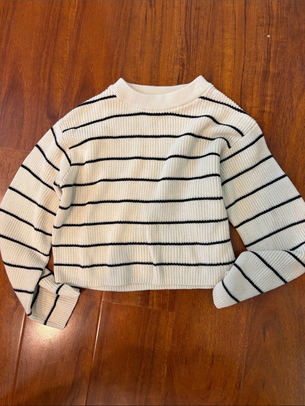 H&M Girls Cream and Black Striped Cropped Crewneck Sweater